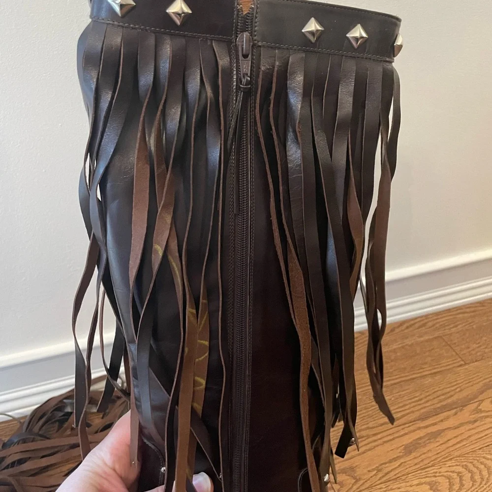 Donald J Pliner Western Couture Leather Studded Fringe Heeled Boots - Picture 7 of 15